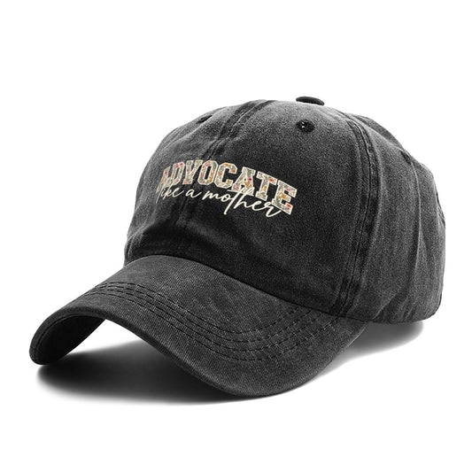 Angled view of the black Advocate Like a Mother cotton baseball cap
