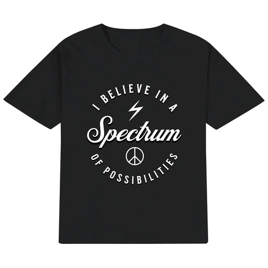 Black kids cotton t-shirt laid flat with the I Believe In A Spectrum print